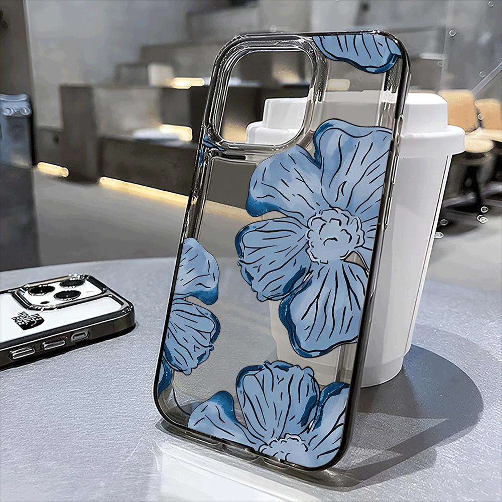 Transparent Large Hole Ink Flower Phone Case iPhone 15 Pro Max 11 12 13 16 14 Plus Silicone Shockproof Case Lens Protector Shell