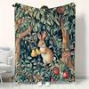 Classic Rabbit and Fruit Pattern Fleece Blanket Botanical Design Soft Warm Throw Boho Interior Decoration Bedding Cover for Home