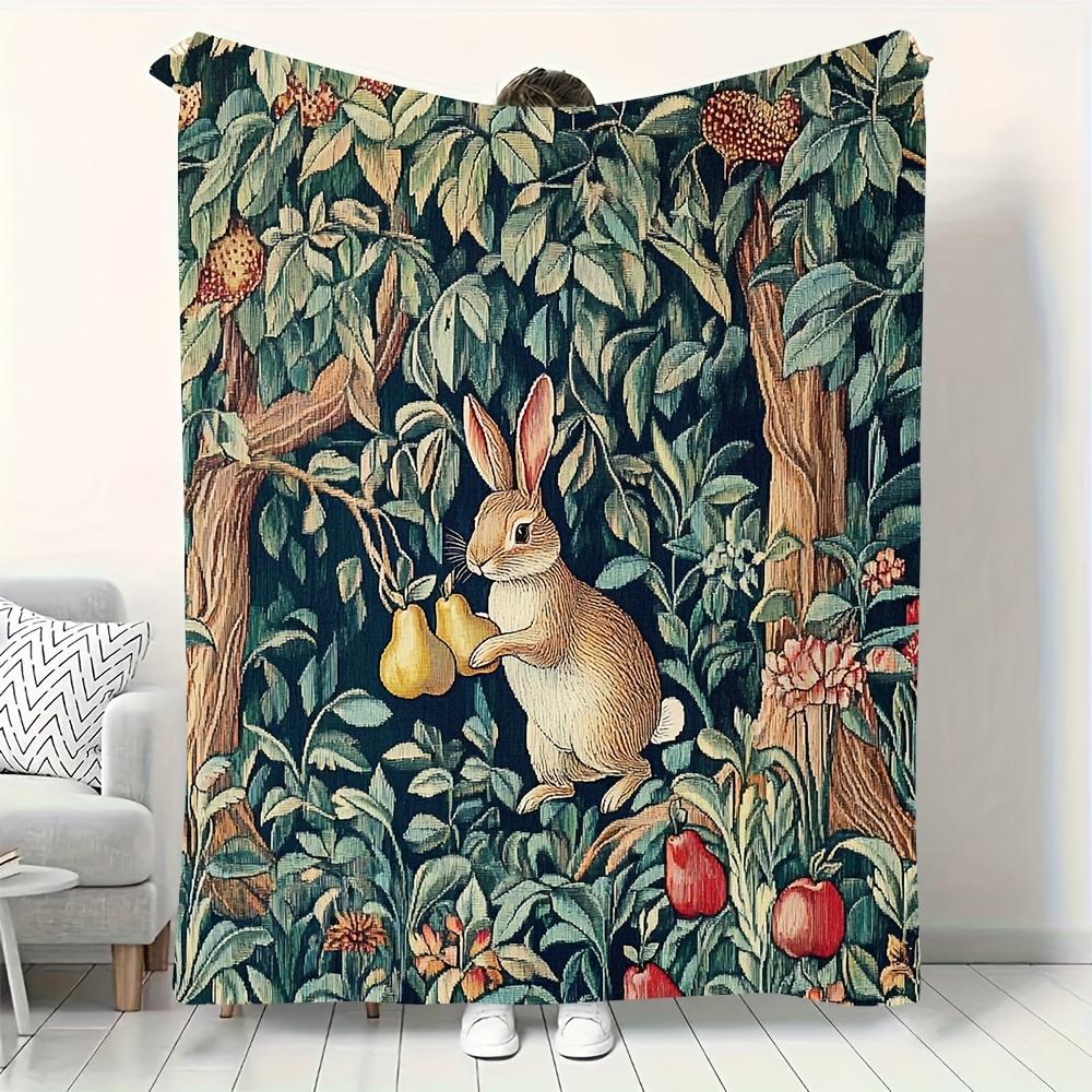Classic Rabbit and Fruit Pattern Fleece Blanket Botanical Design Soft Warm Throw Boho Interior Decoration Bedding Cover for Home