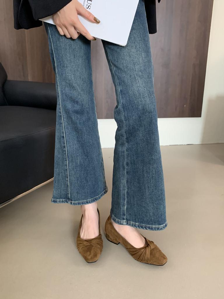 2025 new round head pleated bow suede light mouth short thick heel versatile OL fashion women's single shoes