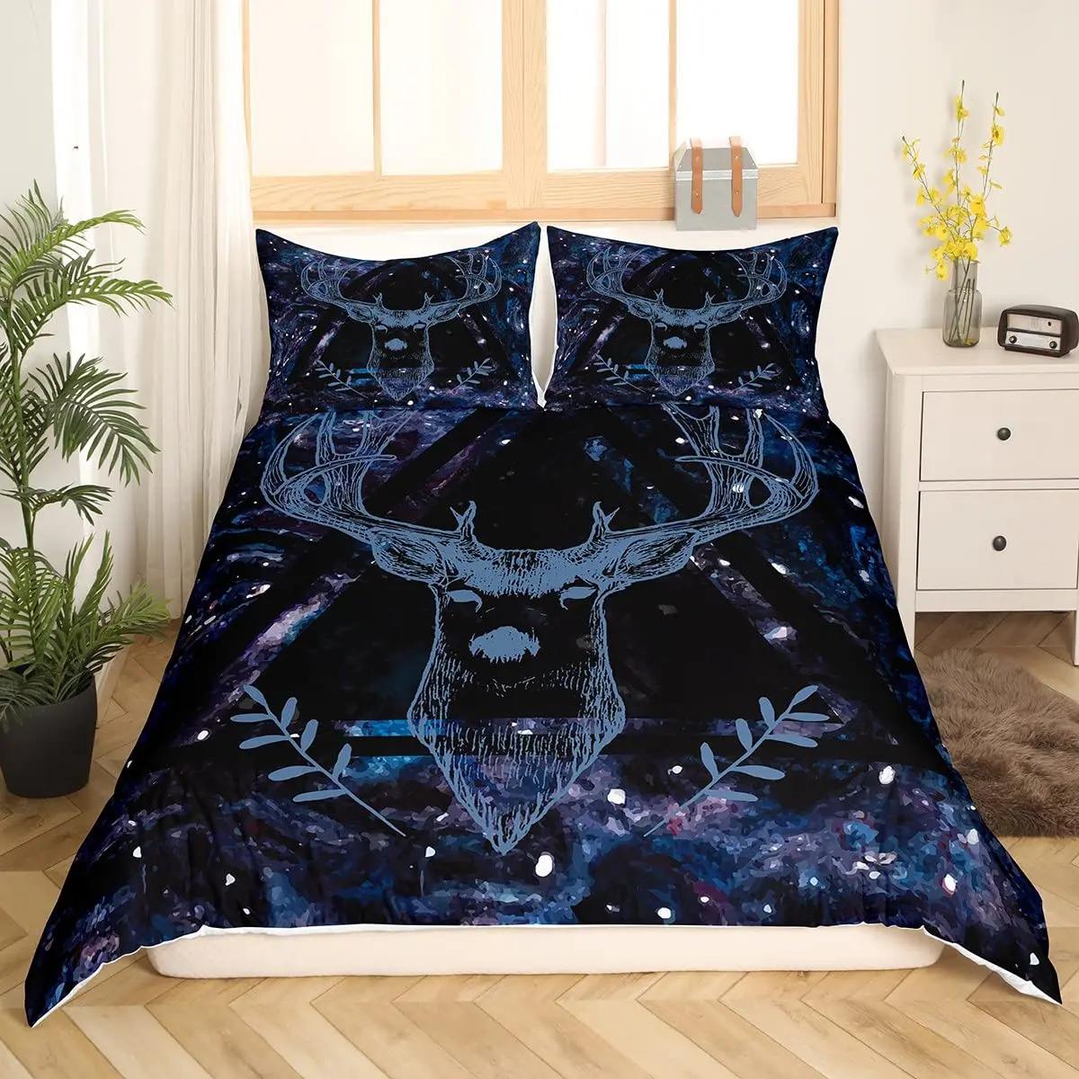 

Комплект постельного белья с изображением животных, 2/3 предмета, олени, осенний лес, листья, дикие животные для подростков, размер Queen King, полиэстер, пододеяльник 135x200cm 2pcs