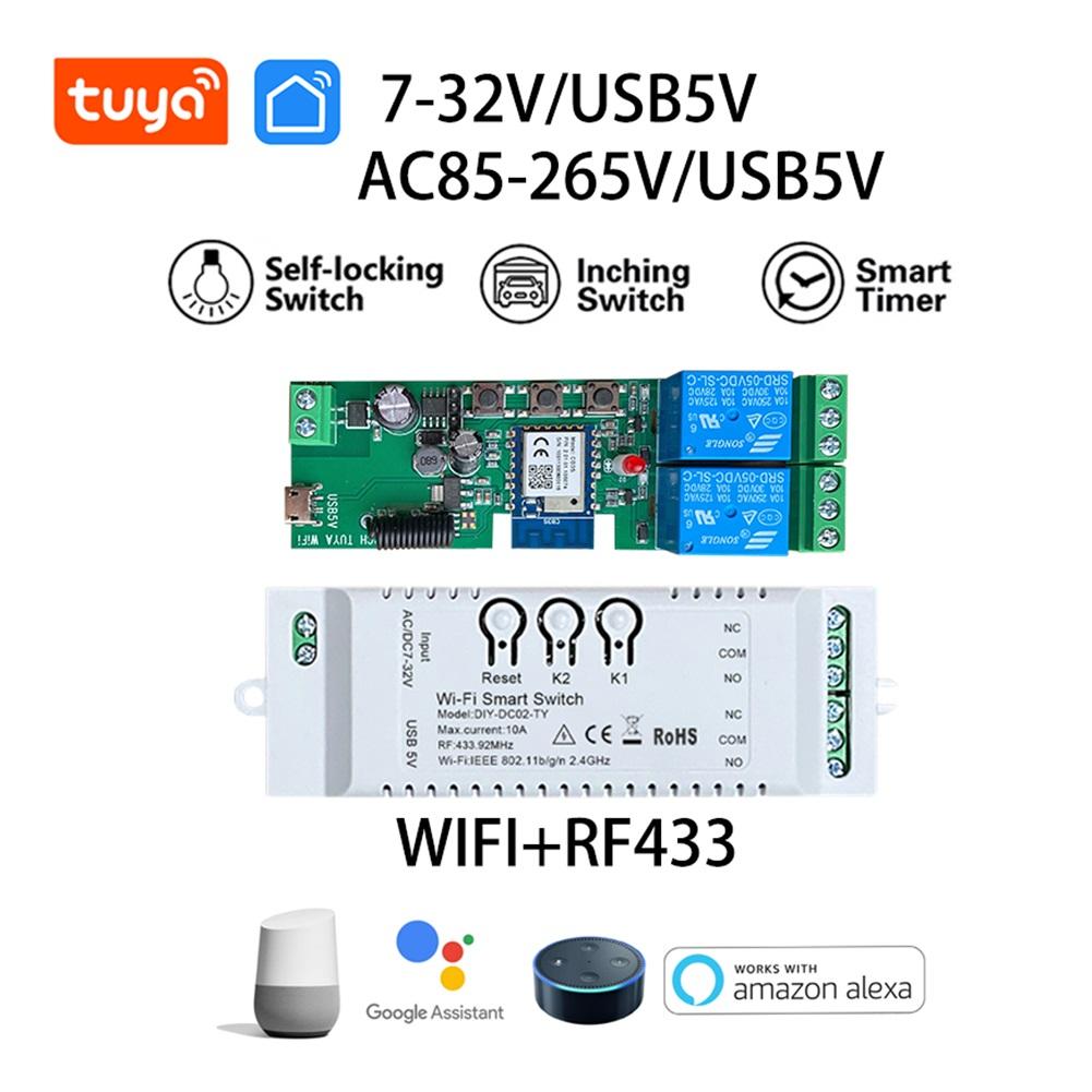 2CH Smart Switch Relay Module 7-32V AC85-265V Wireless Wifi Switch Module 433MHZ RF Receiver Timer Work with Alexa Google Home