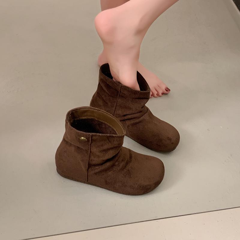 

Frosted Leather Folded Martin Boots Women s Short Boots Autumn Round Head Flat Bottom Pile Boots Women s Boots Short Boots 35 коричневый