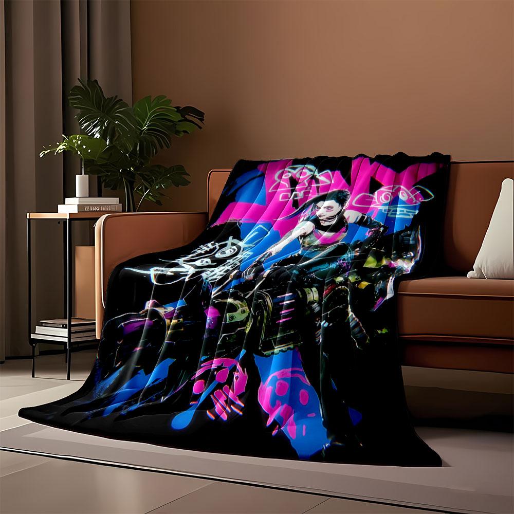 A Vibrant Futuristic Character Wielding a Large Weapon, with Graffiti Art. for All Seasons Blanket Lunch Break Throw Gift