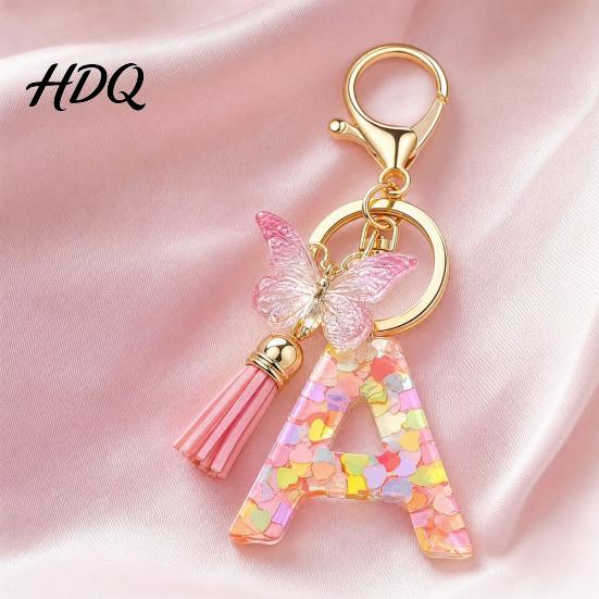 Compact Keychain Pink Series Pendant Sequins Heart Initial Letter Charm Key Chain