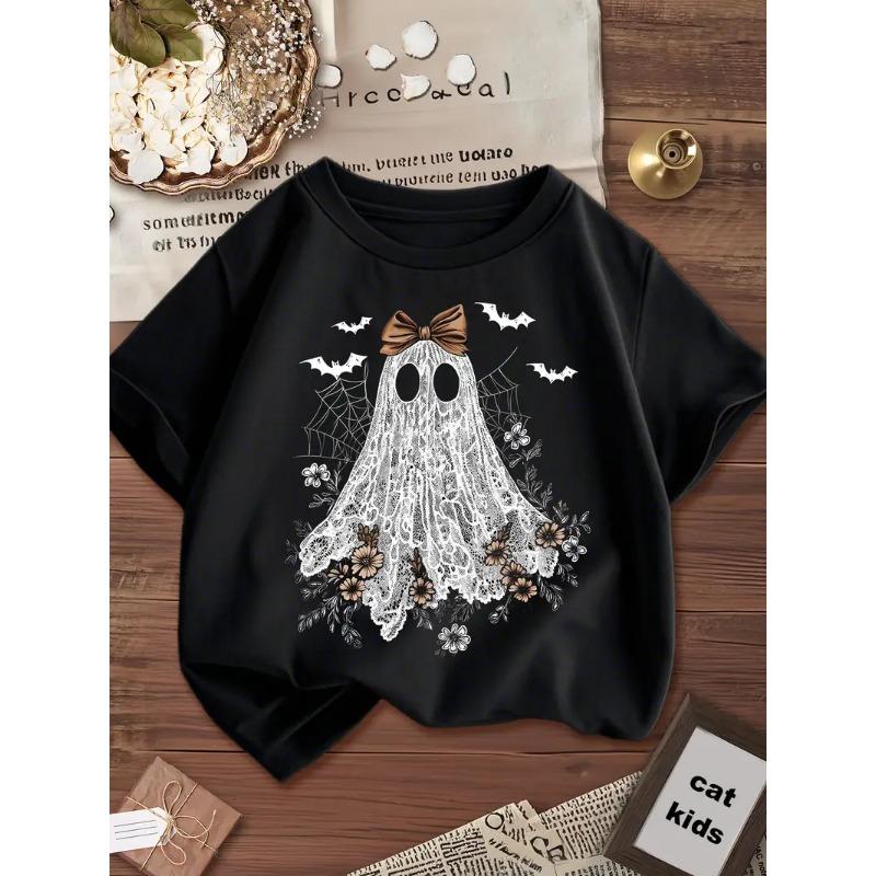 Girls' Cute Panda Climbing Tree Printed T-shirt - Soft Pink Short-sleeve Crew Neck Top, Breathable Knitted Fabric for Spring