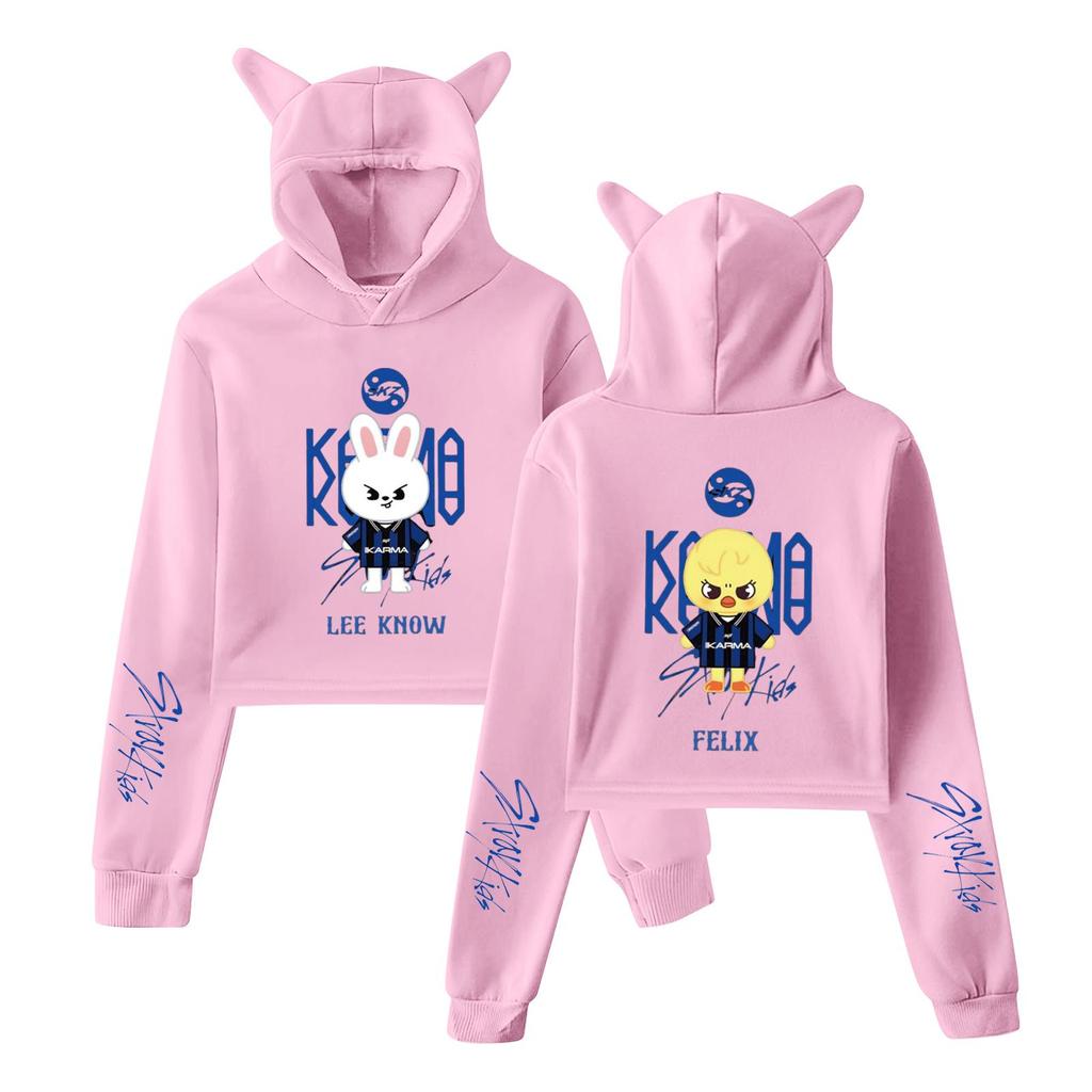 Stilvolles Damen-Kapuzenpullover-Sweatshirt mit Stray Kids-Aufdruck, trendiges langärmeliges Oberteil.