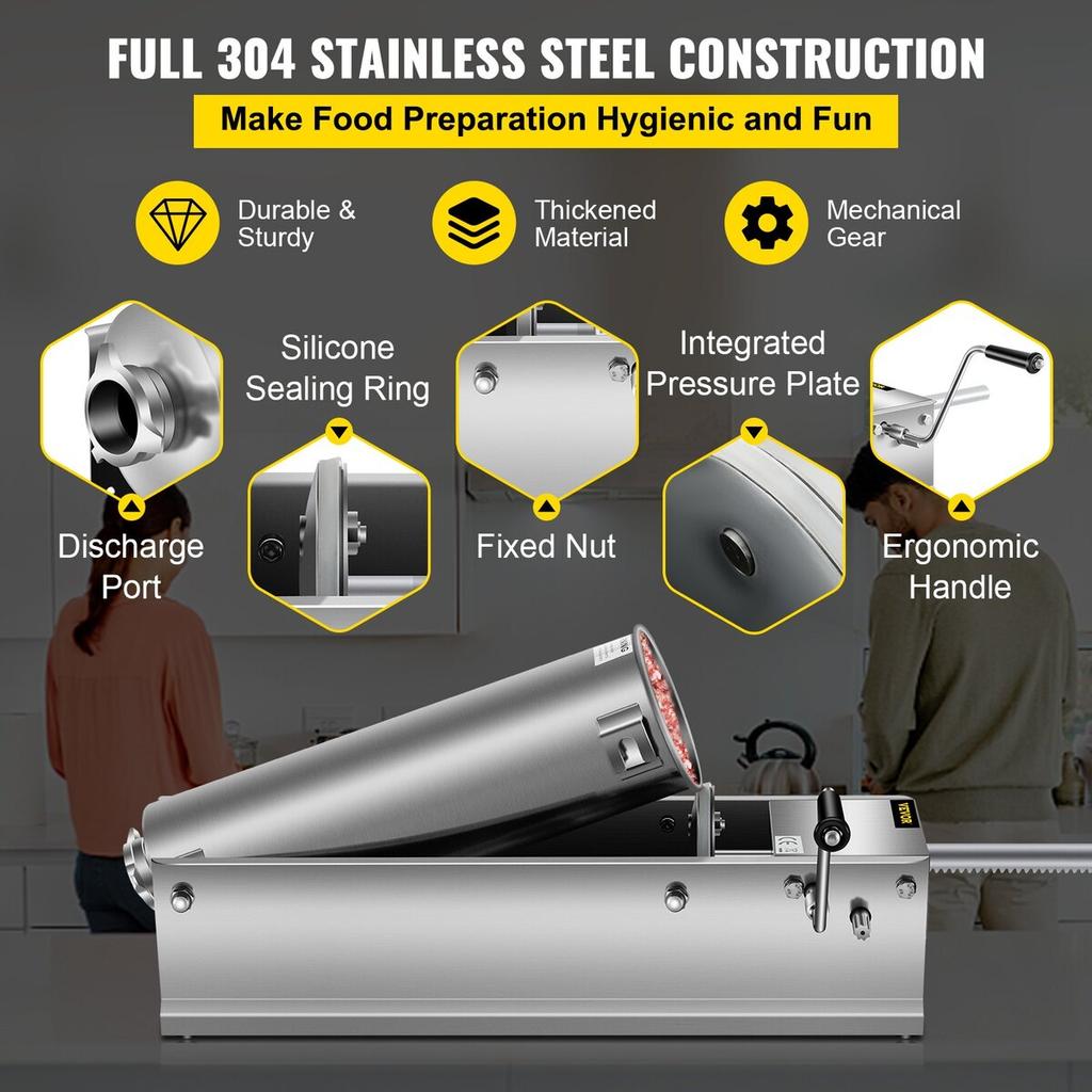 Sausage Stuffer Machine 7L Stainless Steel Sausage Filler Horizontal Manual Sausage Meat Stuffer Machine for Making Hot Dog Sausages Bratwurst