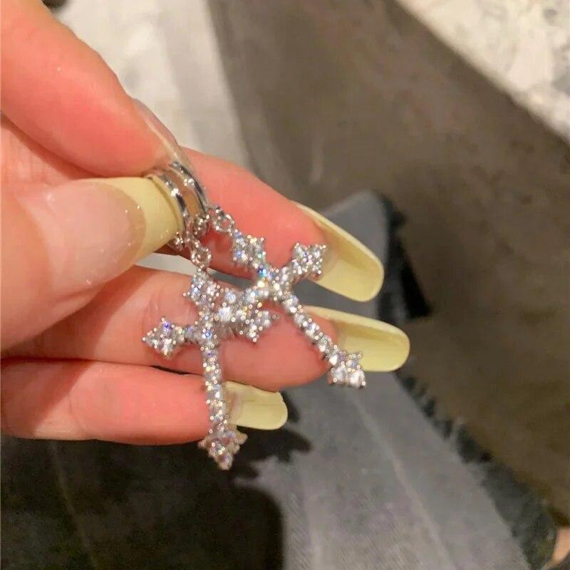 Silver Color Metal Cross Drop Earring Clear Crystal Stone Cross Dangle Earrings Sparkling Girls Evening Earring Jewelry