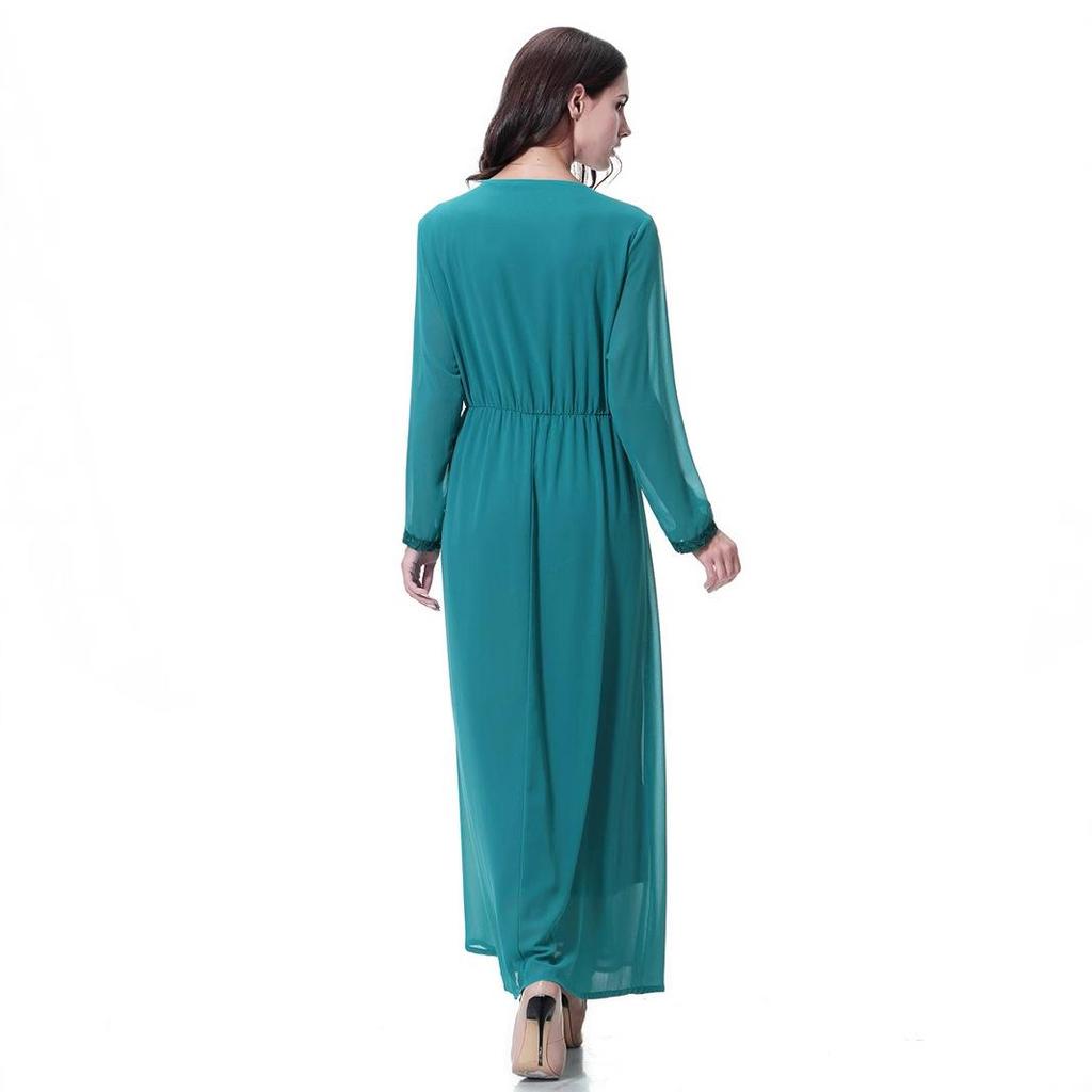 Women's Chiffon Lace Maxi Dress with Round Neck and Long Sleeves, TH923