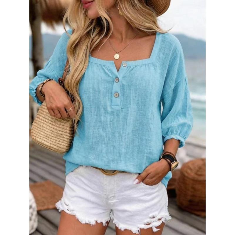BITCED Women's Fashion Casual Solid Color Print Long Sleeve Square Collar Blouses & Shirts