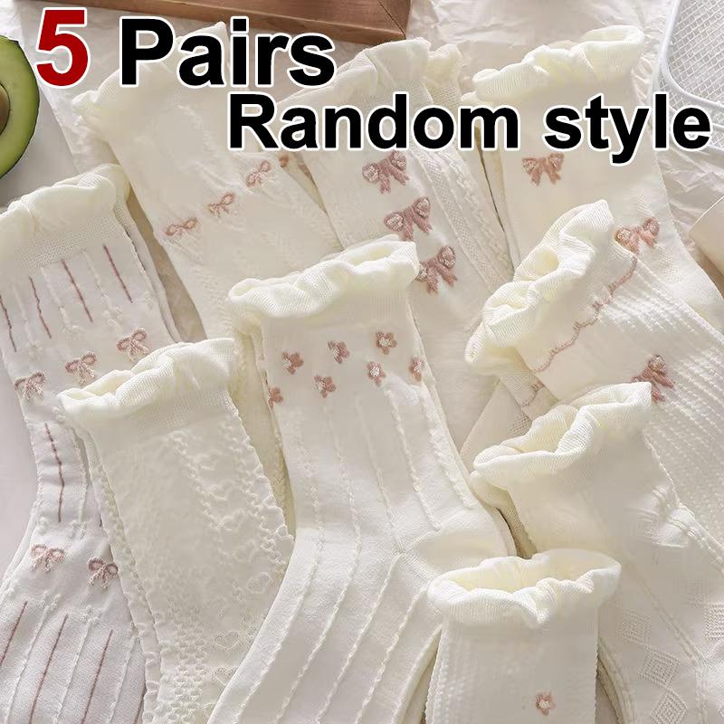 

5/10 пар женских носков средней длины в стиле Лолиты с модным бантом и мелким цветочным узором, милые повседневные носки для весны и лета One Size