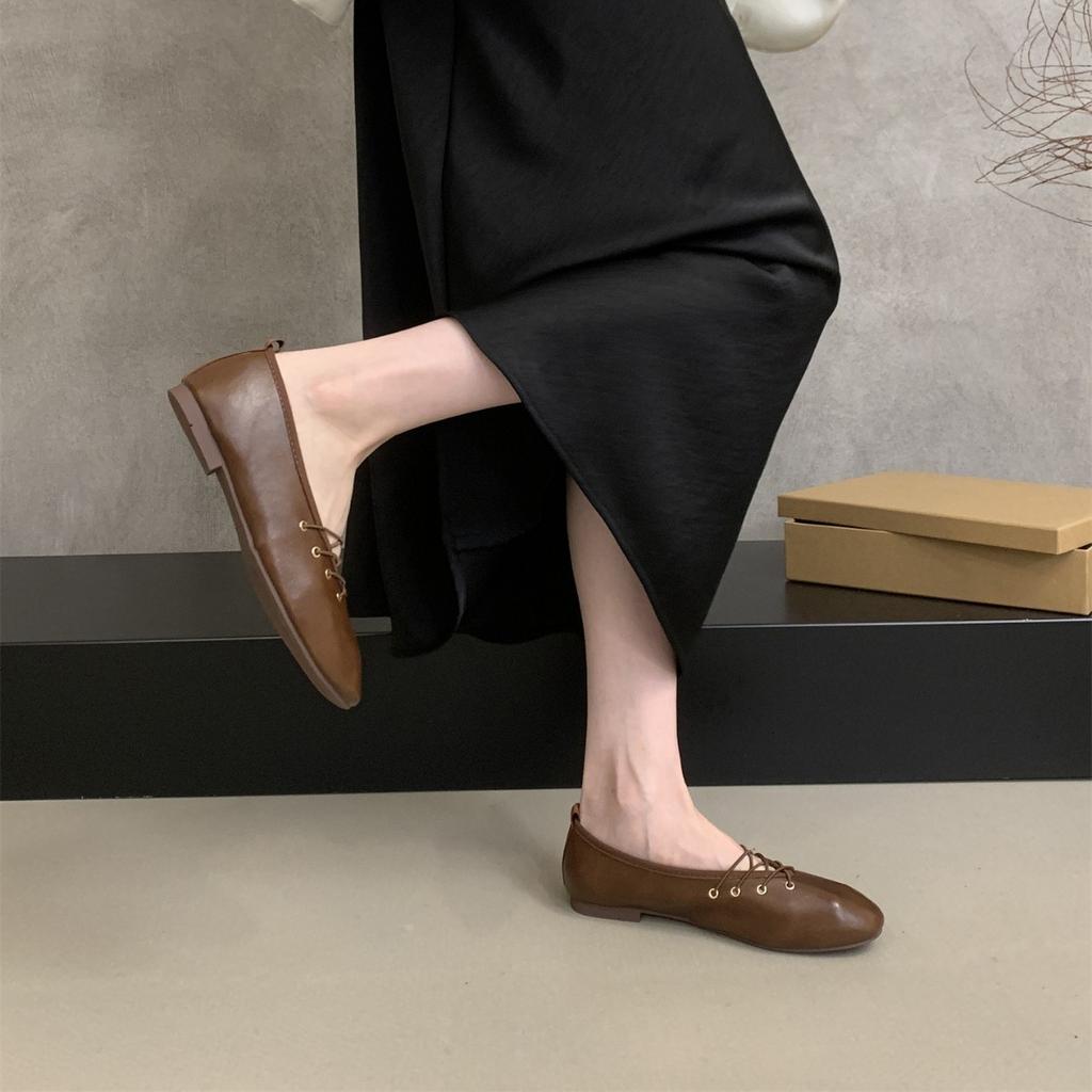 Retro Round Head Evening Soft Leather Ballet Single Shoes Women's Autumn 2025 One-pedal Gentle Pregnant Women Flat Grandma Shoes