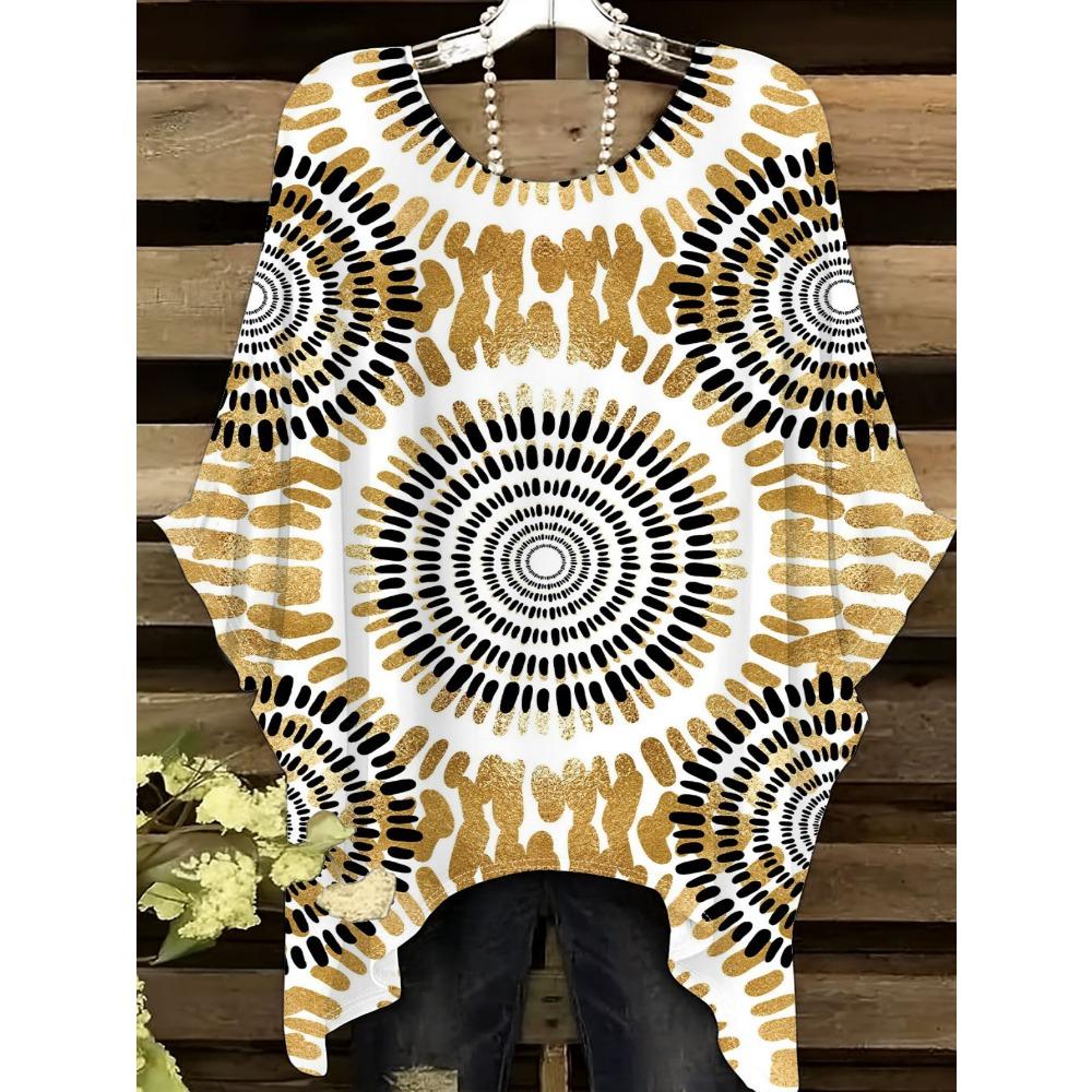 Gold round pattern women's large size short-sleeved T-shirt, irregular hem design