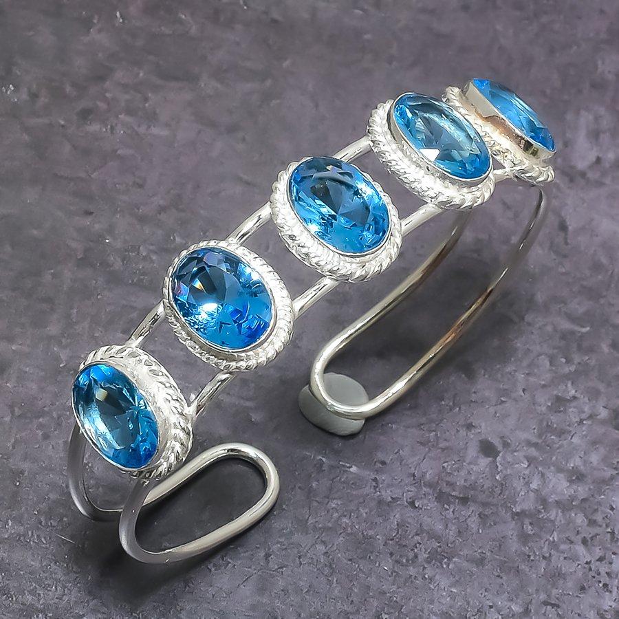 Natural Blue Topaz Gemstone 925 Sterling Silver Cuff Bangle Adjustable z7I98