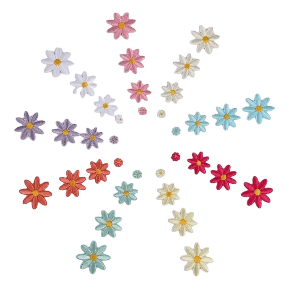 36 Stück Blumenmuster Gänseblümchen Aufnäher DIY Bastelbedarf mit Thermokleber Sonnenblume Aufbügelbilder 4 Größen Stickerei