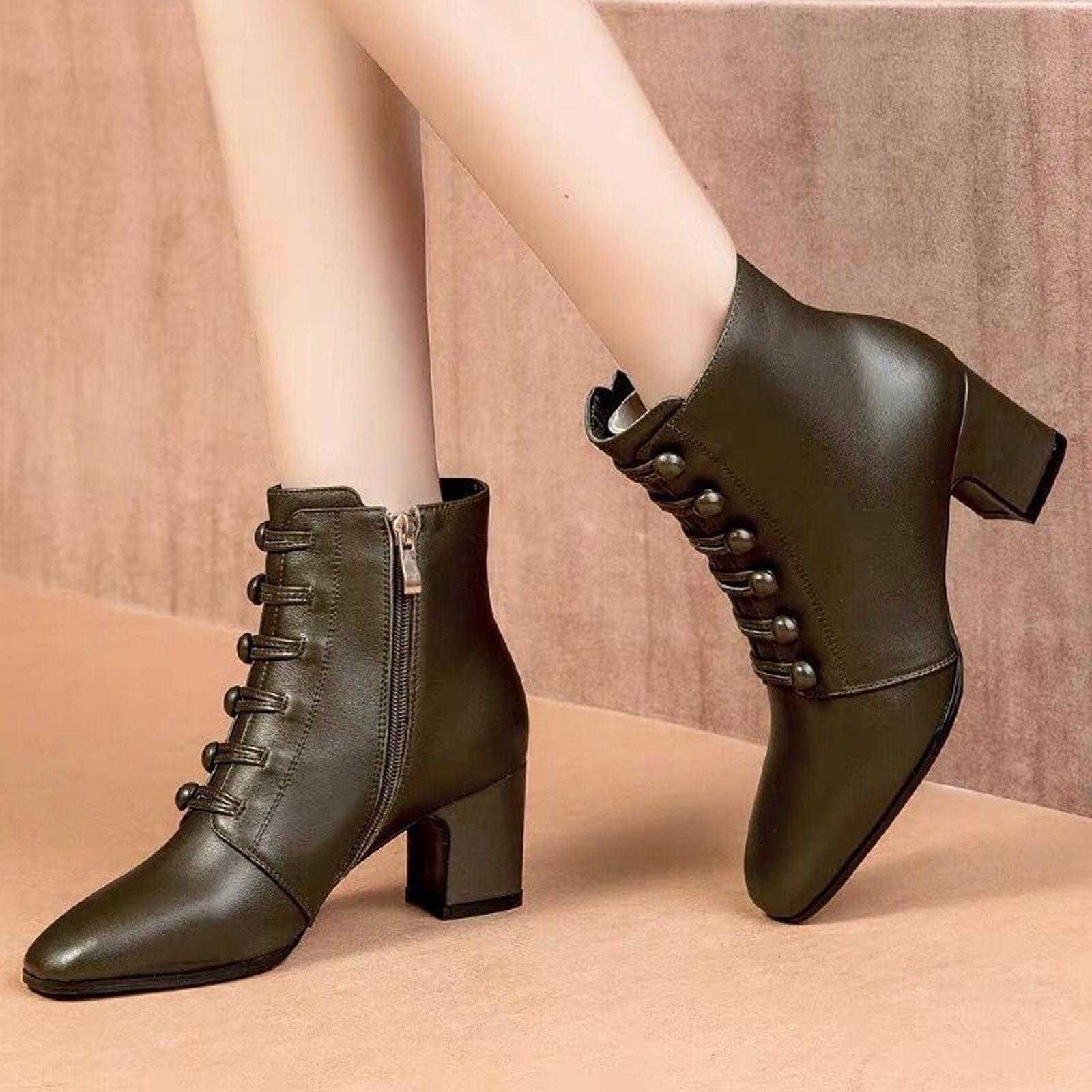 

Boots For Womens Short Boots Zipper Button Pointed Toe Leather Shoes 38