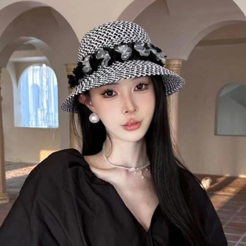 Fisherman S Hat Children Thousand Birds Grid Elegant Flowers Straw Pot Hat Summer Travel Shade Sun Protection Sun Hat M（56-58cm） белый