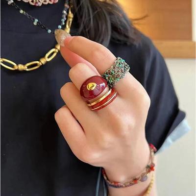 Vintage Enamel Oil Drop Ring, Titanium Steel Electroplated Ankara Red Stacked Finger Ring Women's Niche High-end Accessories