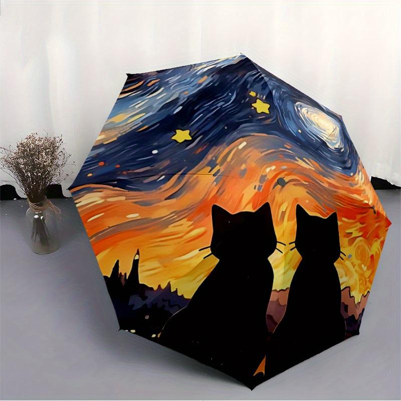 1pc Night Cats Automatic Open 8-Rib Windproof Umbrella, Travel & Commuting, Suitable for All Seasons