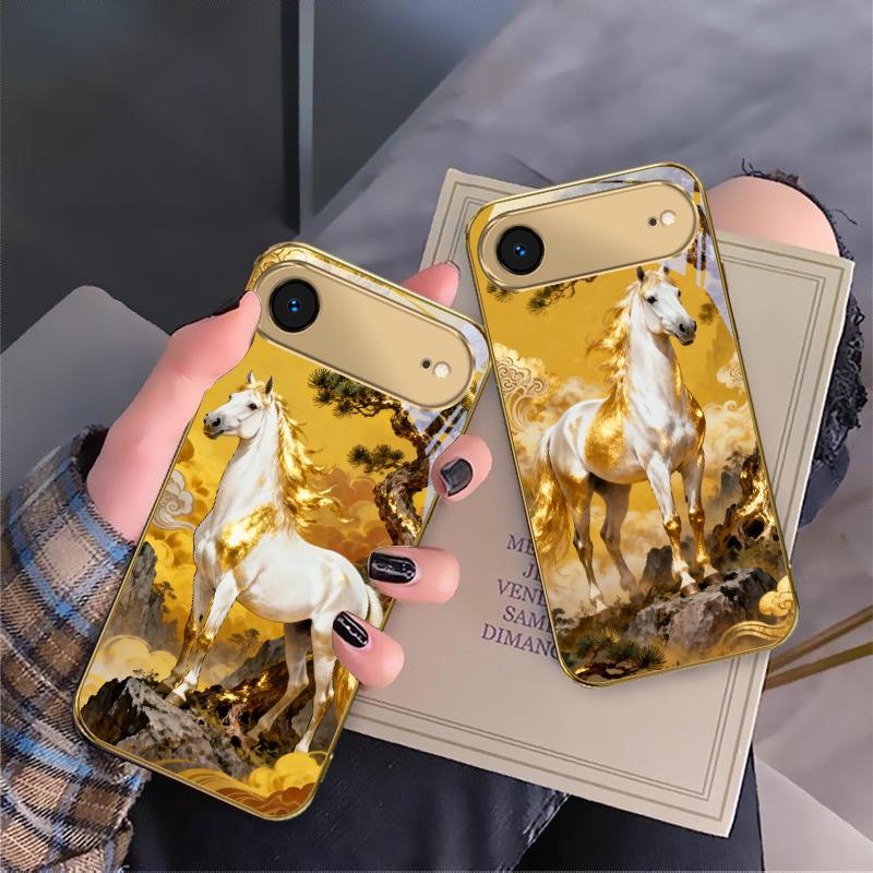 Tall and Sturdy Horse For IPhone 17Pro Max 16 17 Pro 15 Pro 14 13 Plus 12 Mini 11Pro Max XR 16E 17 Air Golden Glass Phone Case