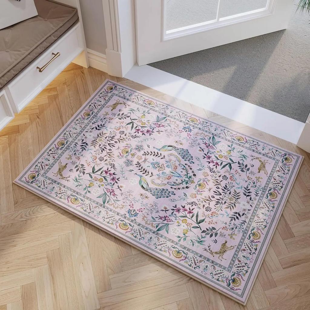 Vikama Machine Washable Area Rug Floral Office Non Slip Small Carpet For Bedroom Bedside Kitchen Entryway Kids Room Office Decor