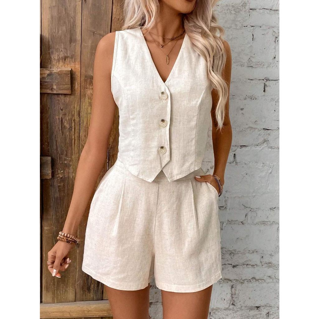 Todelt ermeløs damevestsett i plussstørrelse for kvinner, ensfarget med knapper