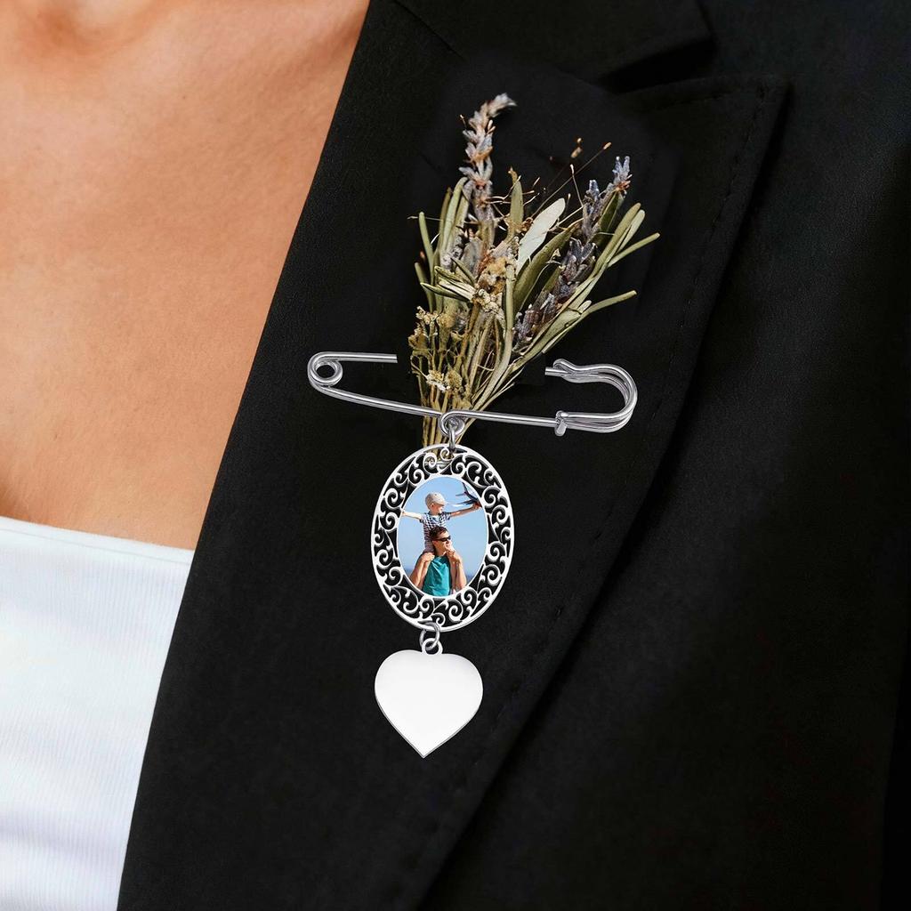 Personalized Oval Photo Pin Charm for Wedding Bouquet, Memorial Locket Pendant Brooch, Customizable Picture Bridal Shower Gift