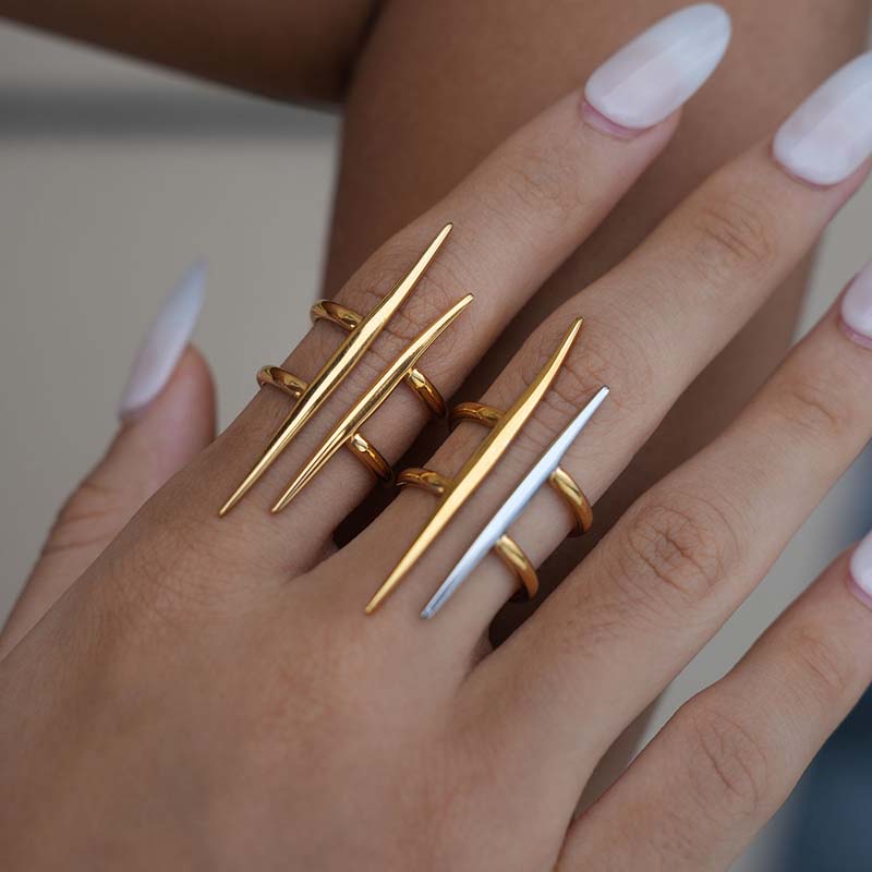 Stainless Steel Metal Double Line Hollowed Out Open Ring For Women Vintage Gold Color Geometric Finger Ring Charm Daily Jewelry