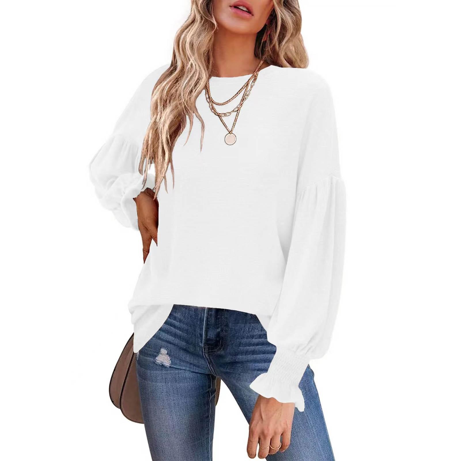 

Women s Fashion Casual Bishop Long Sleeve Solid Color Round Neck Top Blouse