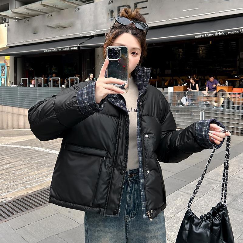 

Зимнее клетчатое хлопковое пальто контрастного цвета для женщин, короткое пальто-пуховик в студенческом стиле XS чёрный