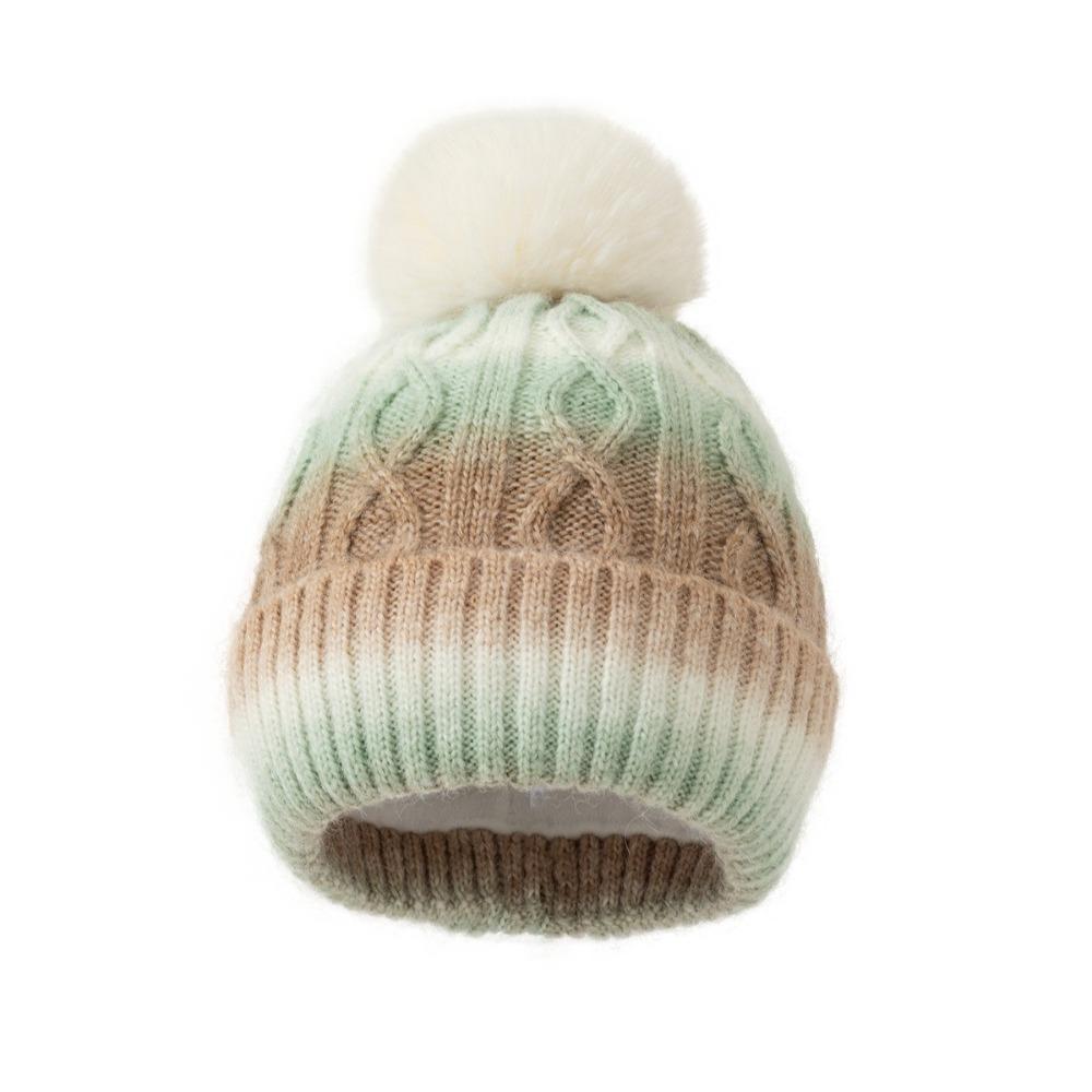 

Cute Thickened Beanie Hat Gradient Striped Pattern with Faux Fur Pompon Ball Knitted Hat Keep Warm Ski Cap