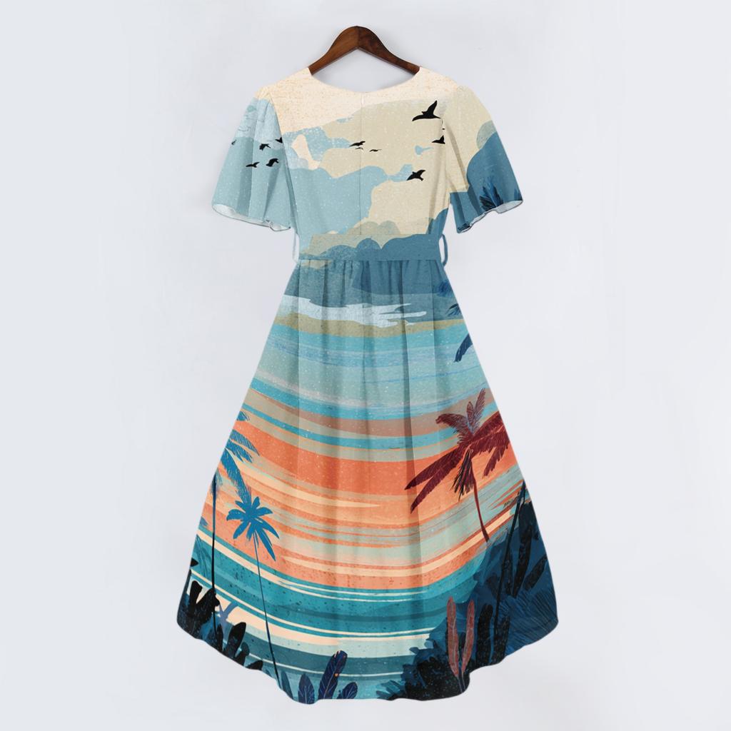 Vestito Casual da Donna con Scollo a V a Maniche Corte, Stampa Hawaiana, Lunghezza Midi, Estivo da Spiaggia, con Vita Elastica e Tessuto Leggero