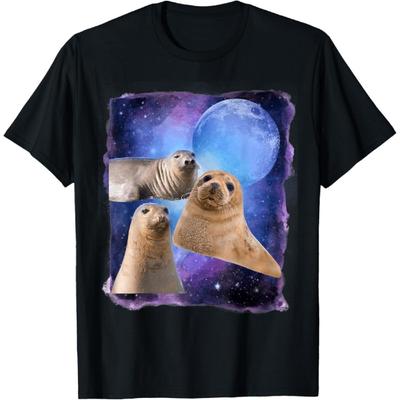 Three Seals Moon 3 Seals Howling At Moon Funny Weird Cursed T-Shirt