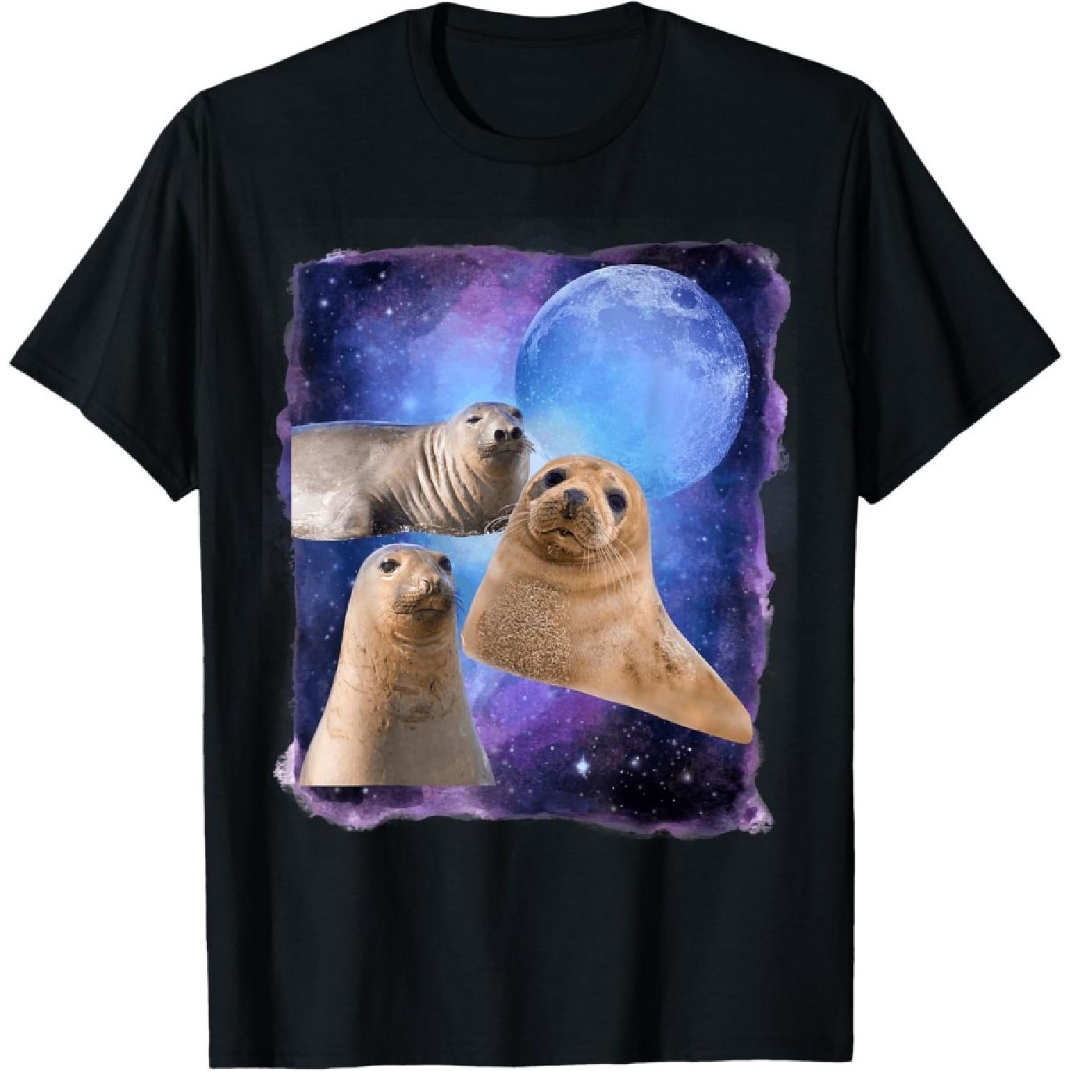 Three Seals Moon 3 Seals Howling At Moon Funny Weird Cursed T-Shirt S