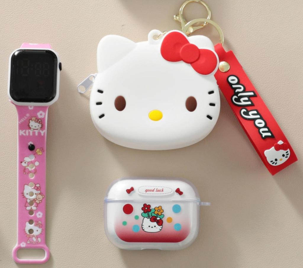 Kreskówkowe Silikonowe Etui Ochronne z Portmonetką na Monetę na Zamek Błyskawiczny, Wykwintny Zegarek LED i Bezprzewodowe Słuchawki Bluetooth TWS