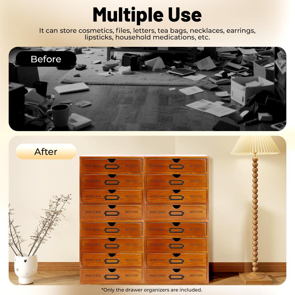 16-Drawer Vintage Wooden Organizer Set, Retro Storage Cabinet for Jewelry Makeup Office, Stackable Pine Wood Box