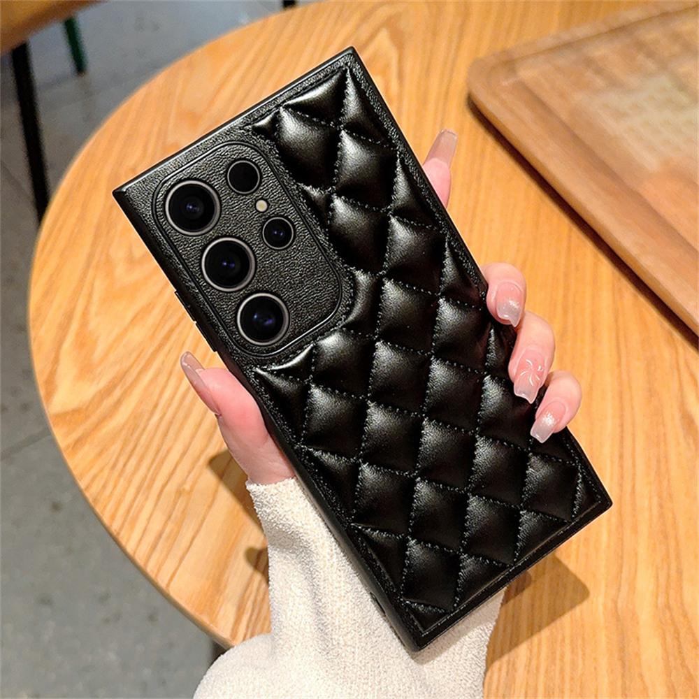 

For Samsung Galaxy S24 Ultra Case Rhombus Stitching PU Leather+TPU Shockproof Phone Cover Black