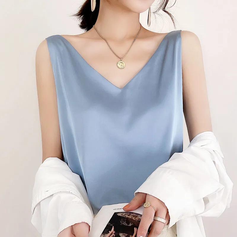 Canotta da donna con cinturino e scollo a V, canotta basic in seta senza maniche, canotta estiva femminile taglie forti