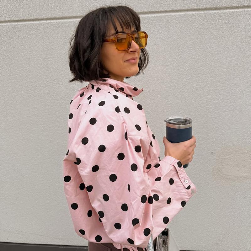 Women Polka Dot Jacket Vintage Stand Collar Cropped Jackets Zip Up Coat Casual Fashion Coat Fall Spring Jacket with Pockets