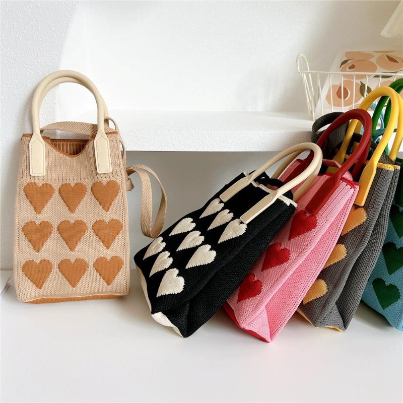 1 Peça Meninas Fofo Bolsas Transversais Ao Ar Livre Coreanas Mini Bolsa de Mão Quadrada Tricotada em Coração Para Mulheres Pequena Bolsa de Ombro para Celular