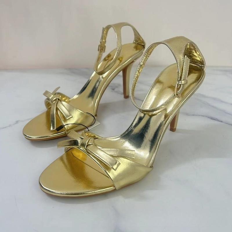 

Fashion Luxury Gold Ankle Straps High Heeled Sandals for Woman Chic Bow Leather Summer Open Toe Brand Female Prom Evening Party Shoes 36