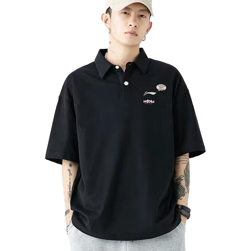 Li Ning Fashion Embroidered Breathable Casual Design Versatile Short Sleeve Polo Shirt Unisex tops Black APLT1371-1(TEAM702-B11)