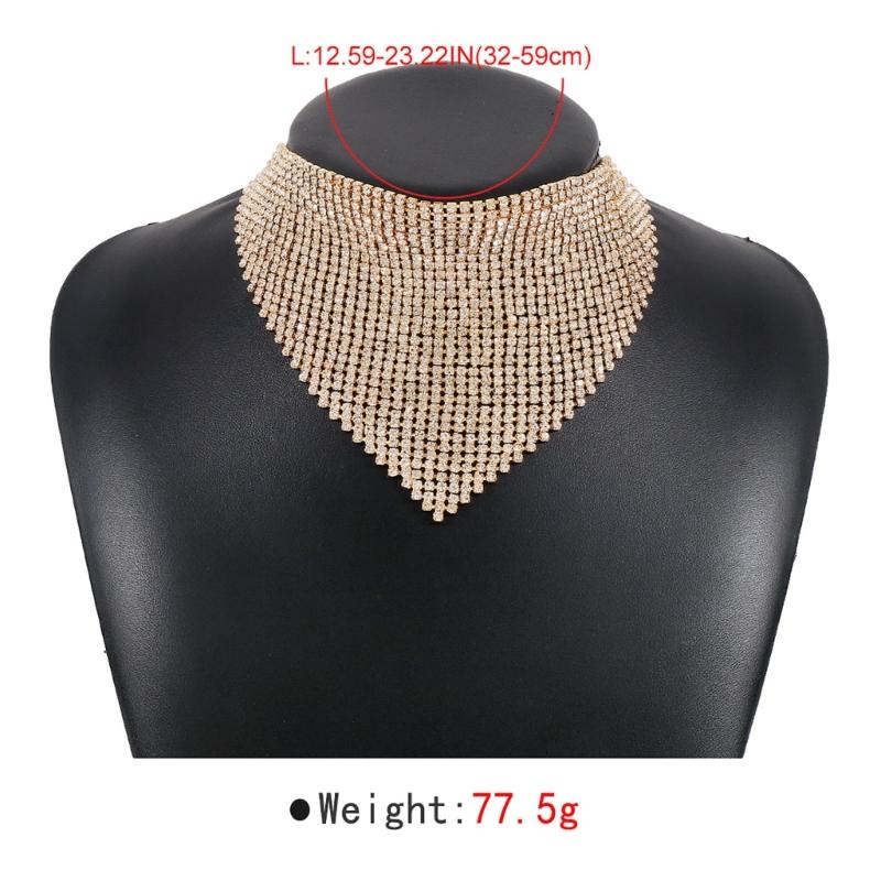 Retro Multi-row Flash Diamonds Bib Necklace Exaggerated Geometric Triangle Full Rhinestones Clavicle Chain for Female