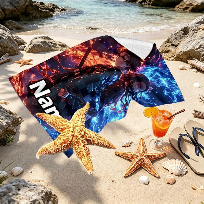Serviette de plage personnalisée avec nom et motif Demon Slayer, pour Voyage Camping Fête à la plage Décoration de maison, Cadeau d'anniversaire pour la Famille & les Amis