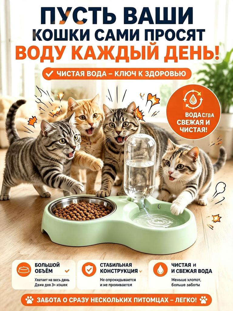 Double bowl station 2 in 1 for several cats, automatic water supply, metal food bowl, large volume, does not turn over, for many pets