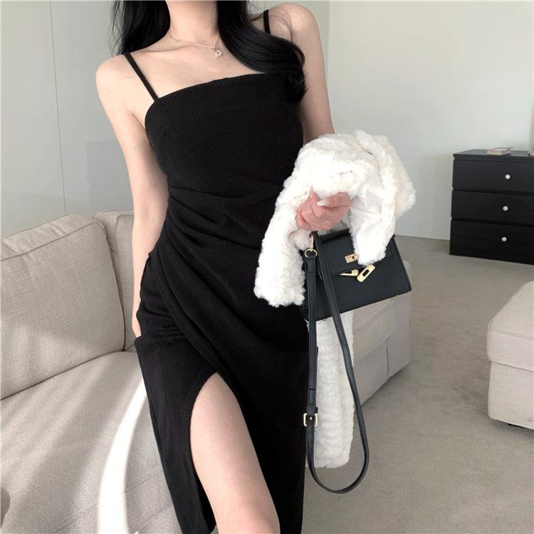 Split dress spring and summer women s new temperament Muse fan medium and long pure desire wind suspender skirt S