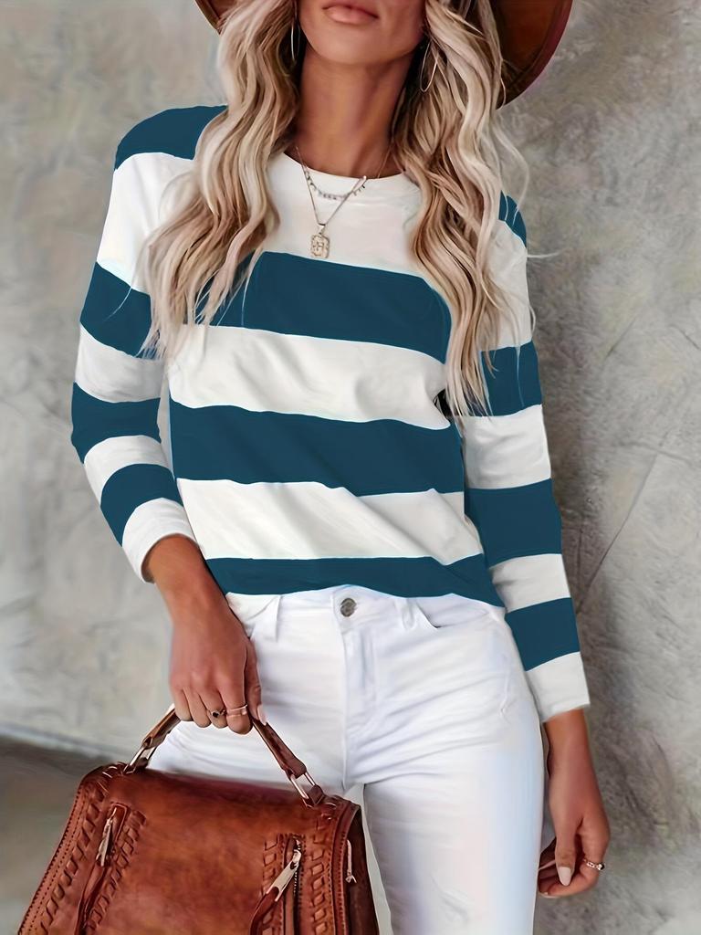 European and American Striped Round Neck Long Sleeve Casual Women's T-shirt for Spring and Autumn.