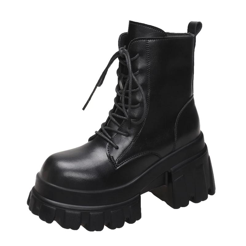 Módní šněrovací dámské kotníkové boty s vysokou platformou 2024 zimní boty na motorku se silnou podrážkou 9,5 cm podpatky robustní kožené tenisky dámské boty