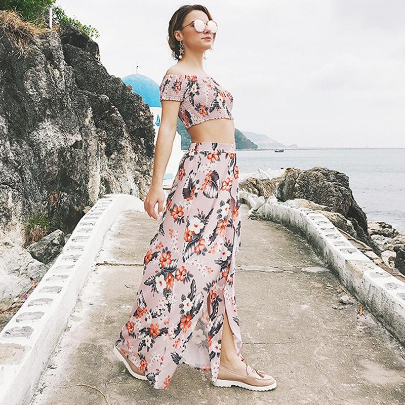 Buy Summer Fashion Women Off Shoulder Crop Top Floral Print Long